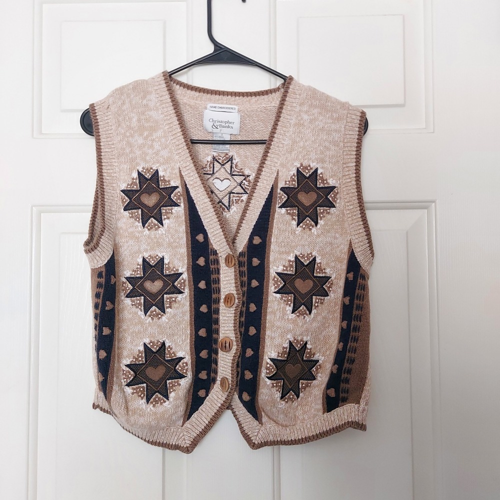 Christopher & Banks Hand Embroidered Star Heart Sweater Vest Tan Brown Small